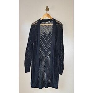 Roxy Womens Black Open Knit Crochet Duster Cardigan Sweater Longline Large
